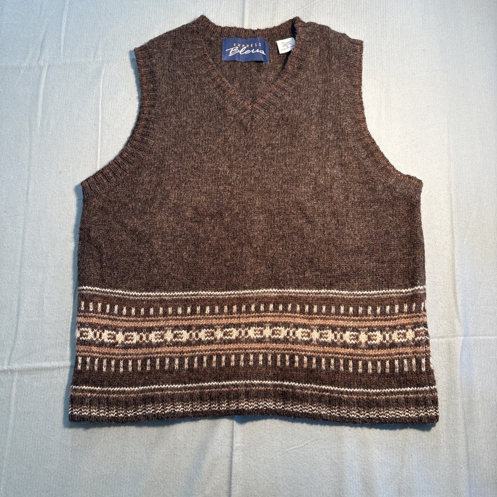Express Bleus Vintage Wool Sweater Vest Brown Fair Isle V-Neck Mens Small